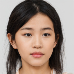 Neutral asian young-adult female with medium  brown hair and brown eyes