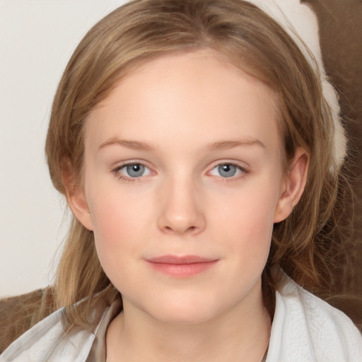 Neutral white child female with medium  brown hair and blue eyes