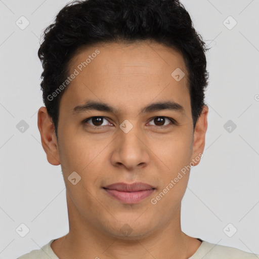 Joyful latino young-adult male with short  brown hair and brown eyes