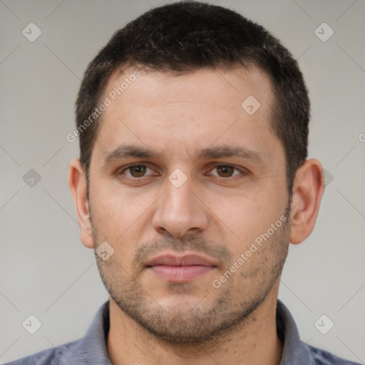 Neutral white young-adult male with short  brown hair and brown eyes