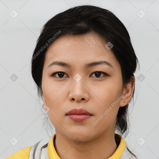 Neutral asian young-adult female with medium  brown hair and brown eyes