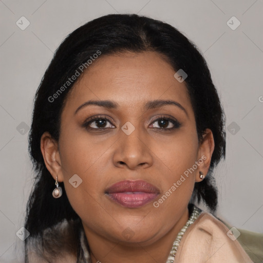 Joyful latino young-adult female with medium  brown hair and brown eyes