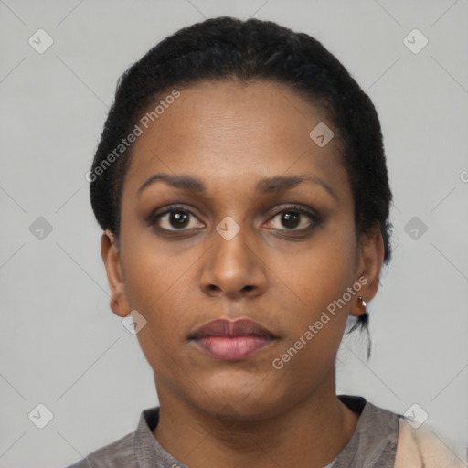 Neutral black young-adult female with short  black hair and brown eyes