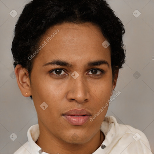 Neutral latino young-adult female with short  brown hair and brown eyes
