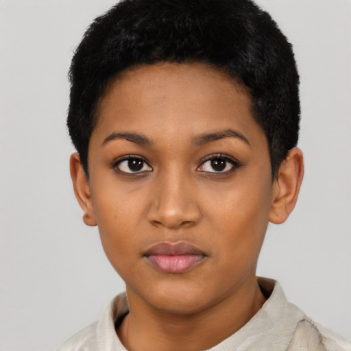 Neutral latino young-adult female with short  black hair and brown eyes