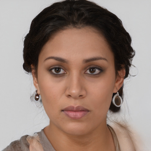 Neutral latino young-adult female with long  brown hair and brown eyes