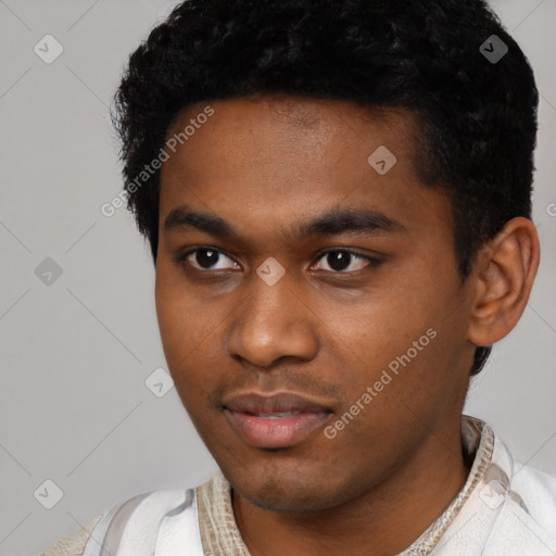 Neutral latino young-adult male with short  black hair and brown eyes