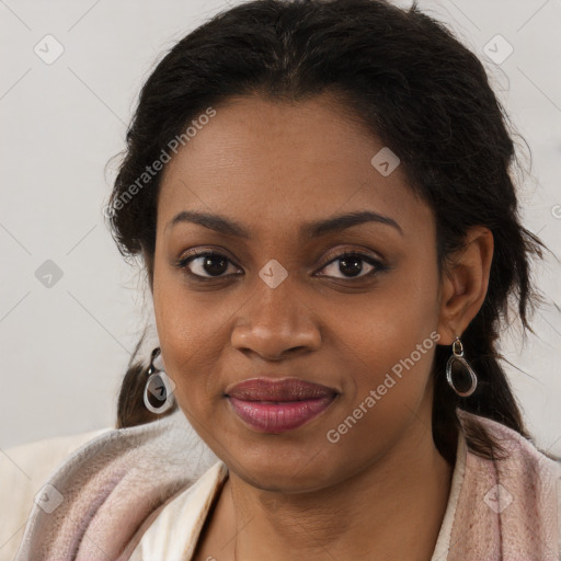 Joyful black young-adult female with long  brown hair and brown eyes