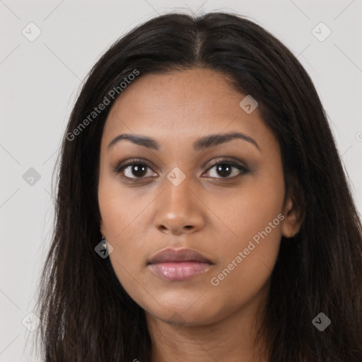 Neutral latino young-adult female with long  brown hair and brown eyes