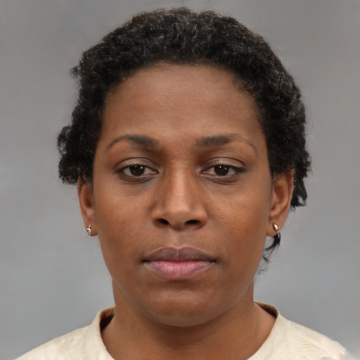 Neutral black young-adult female with short  brown hair and brown eyes