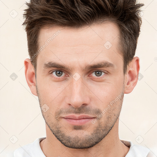 Neutral white young-adult male with short  brown hair and brown eyes