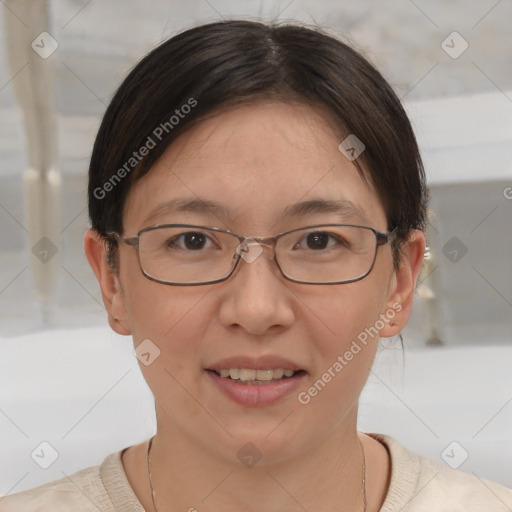 Joyful white adult female with short  brown hair and brown eyes