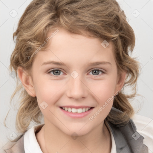 Joyful white child female with medium  brown hair and grey eyes