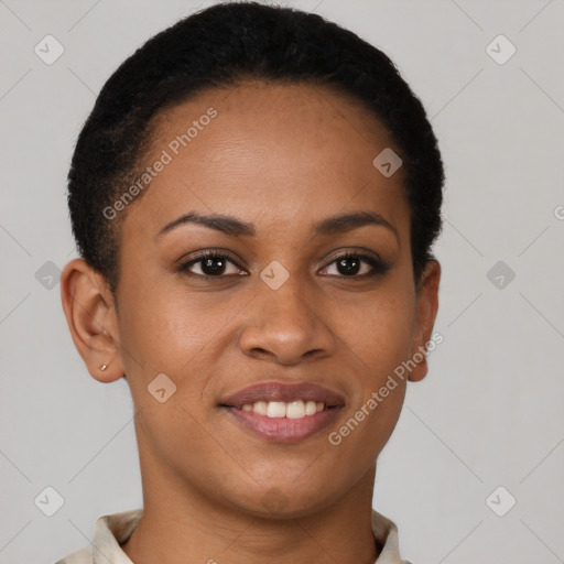 Joyful latino young-adult female with short  brown hair and brown eyes