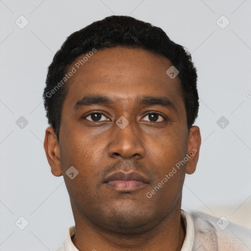 Neutral black young-adult male with short  black hair and brown eyes