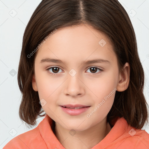 Joyful white child female with medium  brown hair and brown eyes