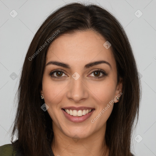 Joyful white young-adult female with long  brown hair and brown eyes