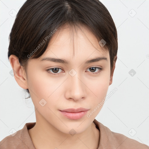 Neutral white young-adult female with medium  brown hair and brown eyes