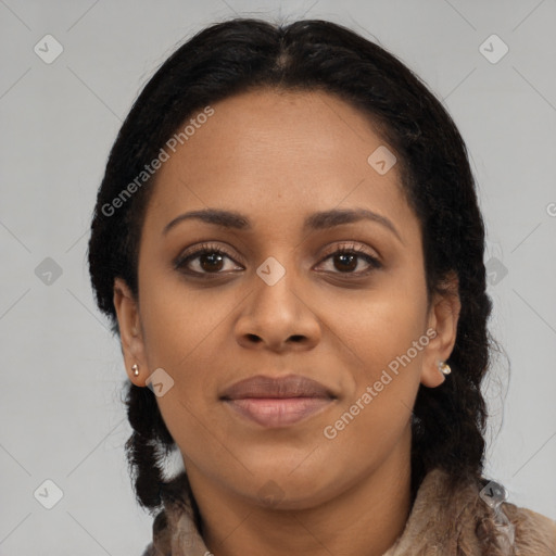 Joyful black young-adult female with medium  brown hair and brown eyes