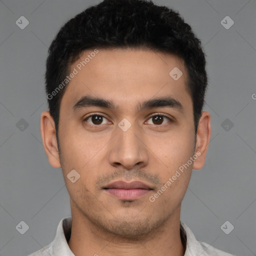 Neutral latino young-adult male with short  black hair and brown eyes