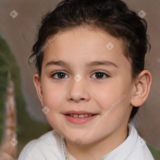 Joyful white child female with short  brown hair and brown eyes