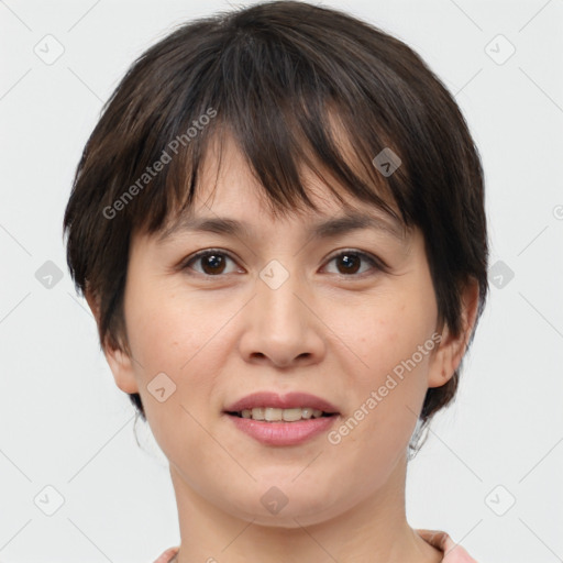 Joyful white young-adult female with medium  brown hair and brown eyes