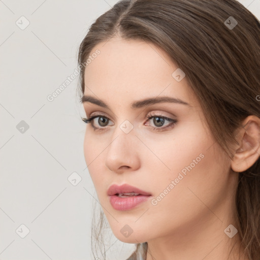 Neutral white young-adult female with long  brown hair and grey eyes