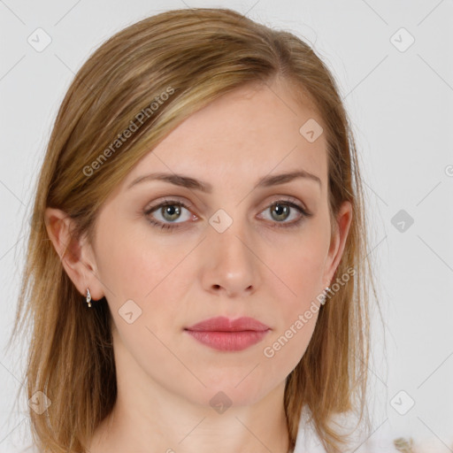 Neutral white young-adult female with long  brown hair and grey eyes