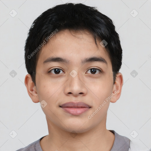 Neutral asian young-adult male with short  black hair and brown eyes