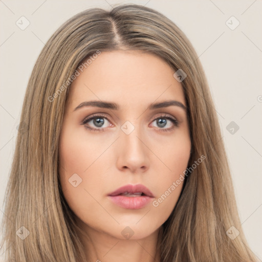 Neutral white young-adult female with long  brown hair and brown eyes