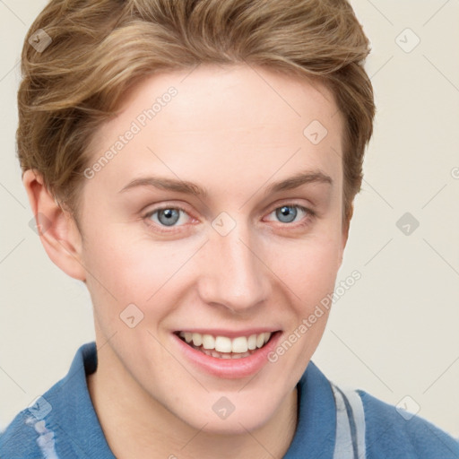 Joyful white young-adult female with short  brown hair and blue eyes