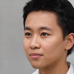 Neutral asian young-adult male with short  black hair and brown eyes