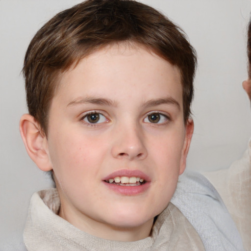 Joyful white child female with medium  brown hair and blue eyes