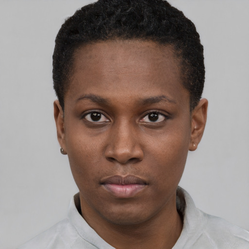 Neutral black young-adult female with short  black hair and brown eyes