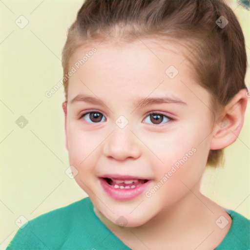 Joyful white child female with short  brown hair and brown eyes