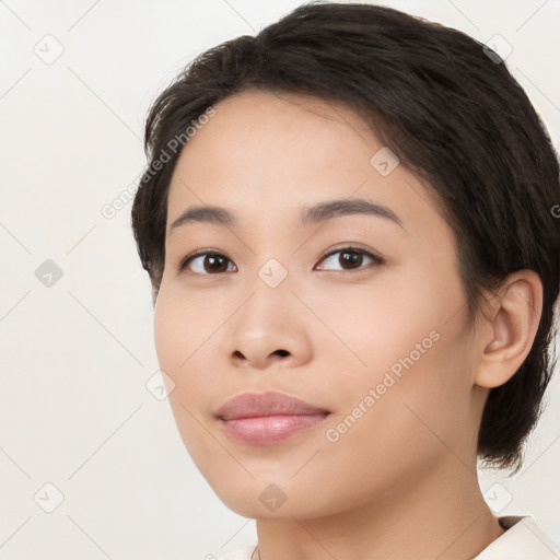 Neutral asian young-adult female with medium  brown hair and brown eyes