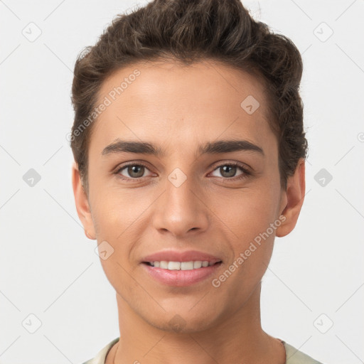 Joyful white young-adult female with short  brown hair and brown eyes