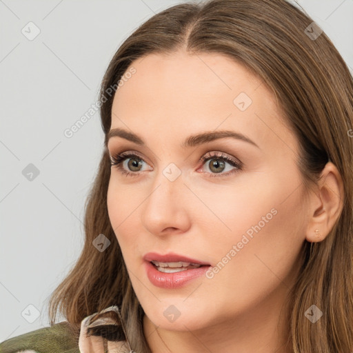 Neutral white young-adult female with long  brown hair and brown eyes