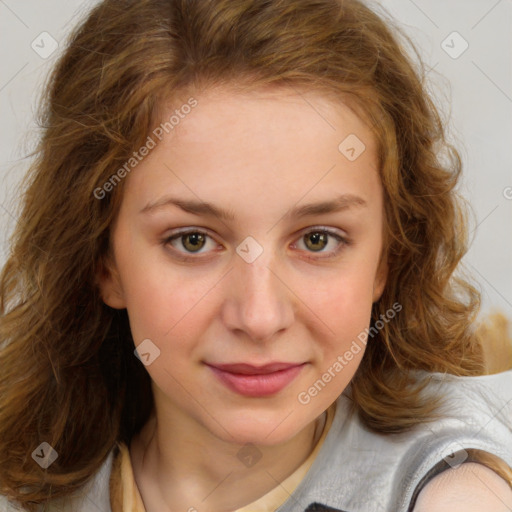 Joyful white child female with medium  brown hair and brown eyes