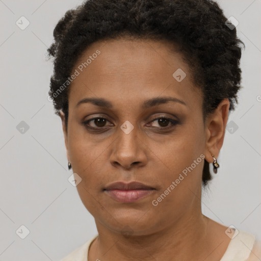 Neutral black young-adult female with short  brown hair and brown eyes