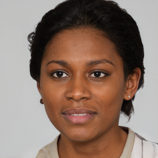 Neutral black young-adult female with short  brown hair and brown eyes
