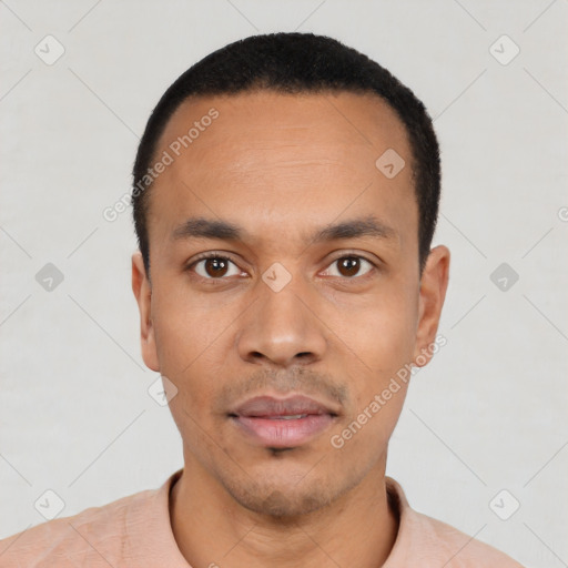 Neutral latino young-adult male with short  black hair and brown eyes