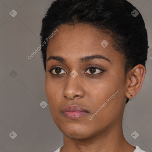 Neutral black young-adult female with short  black hair and brown eyes