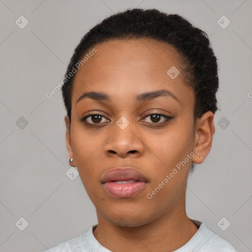 Neutral black young-adult female with short  black hair and brown eyes