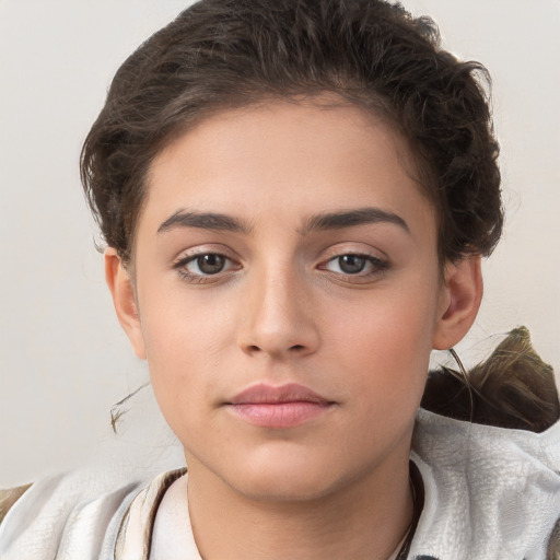 Neutral white young-adult female with medium  brown hair and brown eyes