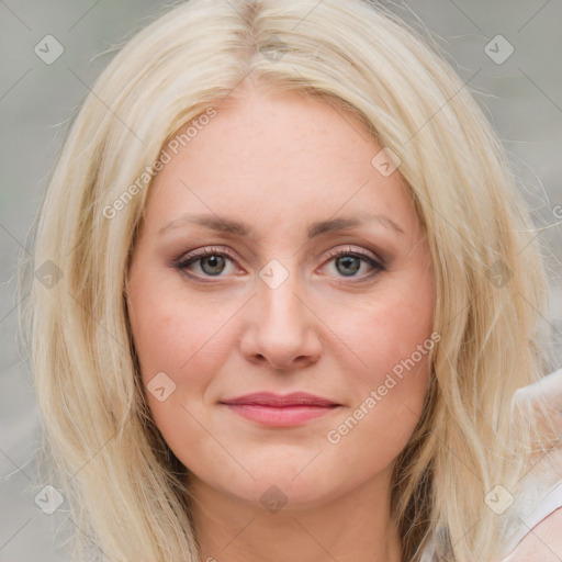 Joyful white young-adult female with medium  brown hair and blue eyes