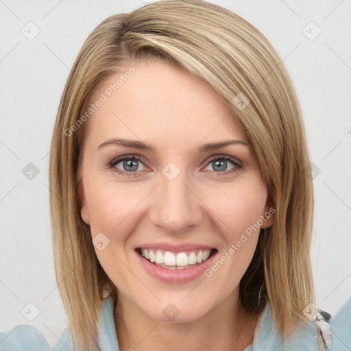 Joyful white young-adult female with medium  brown hair and blue eyes