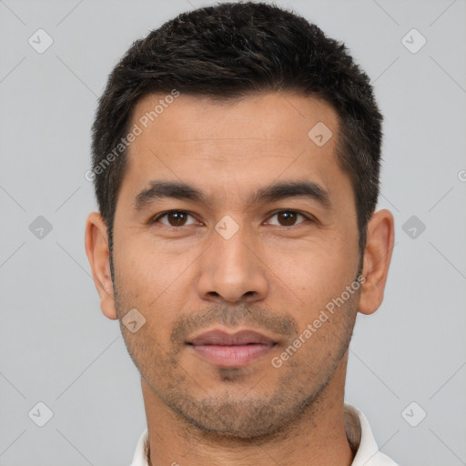 Neutral asian young-adult male with short  black hair and brown eyes