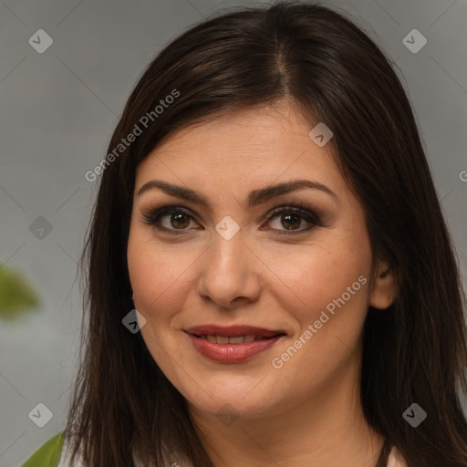 Joyful white young-adult female with medium  brown hair and brown eyes