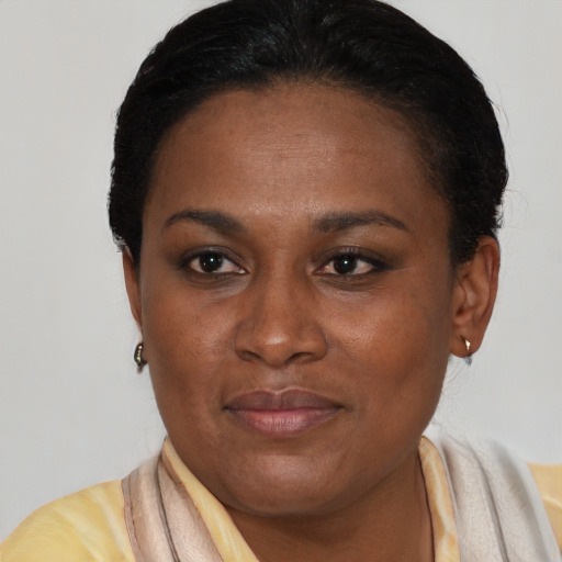 Joyful latino adult female with short  brown hair and brown eyes